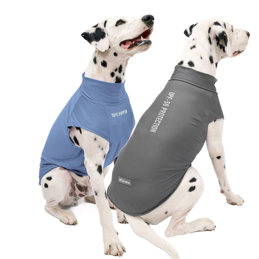 Tuff Pupper Sun Blocking Shirts for Dogs | 2 Per Pack | UPF 50+ UV Proction | Lightweight Breathable Fabric | Quick Dry Stretch | Reflective Print | Summer Shirt for Medium Dogs (Lite Grey/Blue)