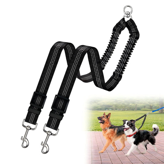 Double Dog Leash for Two Dogs, Professional No Tangle 360° Swivel Coupler with Shock Absorbing Bungee, Adjustable Length Dual-Sided Reflective Two Dogs Lead Splitter for Small Medium Large Dog