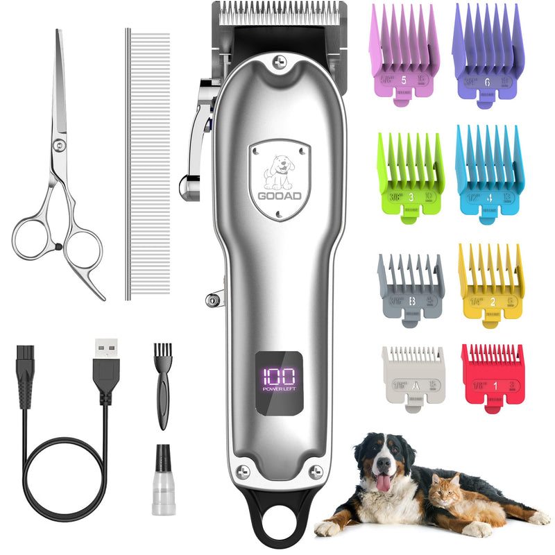 Gooad Dog Clippers for Grooming for Heavy Thick Hair&Coats,Low Noise Dog Hair Trimmer,Rechargeable Cordless Pet Shaver with Stainless Steel Blade, Dog Grooming Kit for Small Large Dogs Pets (Sliver)