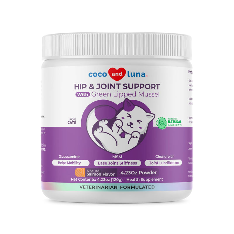 Hip and Joint Supplement for Cats - Glucosamine Powder with Green Lipped Mussel, MSM, Chondroitin, and Vitamin E - 4.23oz/120g