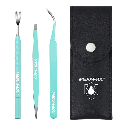 MEDUWEDU Tick Removal Tool Kit for Dogs, Cats & Humans – Stainless Steel Tick Tweezer, Fork & Dual-Head Clamp with Leather Pouch, Safe & Easy Tick Remover for Pets, Ideal for Grooming & Outdoor Travel