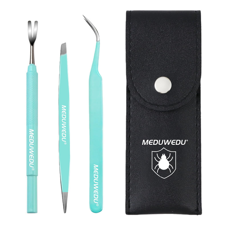MEDUWEDU Tick Removal Tool Kit for Dogs, Cats & Humans – Stainless Steel Tick Tweezer, Fork & Dual-Head Clamp with Leather Pouch, Safe & Easy Tick Remover for Pets, Ideal for Grooming & Outdoor Travel