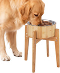 Elevated Dog Bowls for Large Dogs Feeder Two Bowls with a Stainless Steel and Bamboo Dishes，Raised Dog Bowl Stand with N