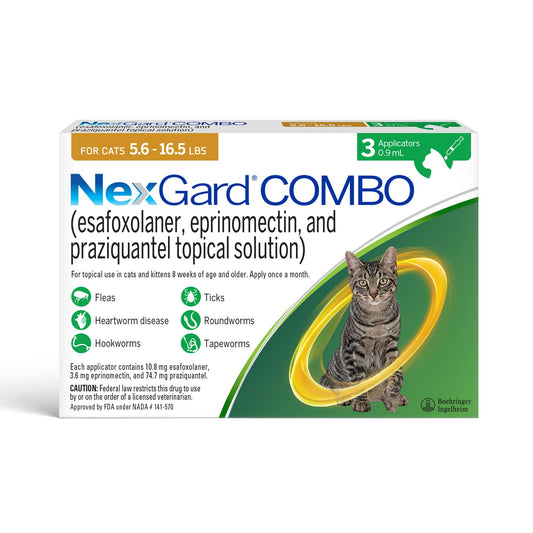 NexGard® Combo (esafoxolaner, eprinomectin, and praziquantel Topical Solution) Flea and Tick Protection Plus Heartworm Disease Preventive for Cats, 5.6-16.5 lbs. (Yellow Box) 3 Doses (3 Month Supply)