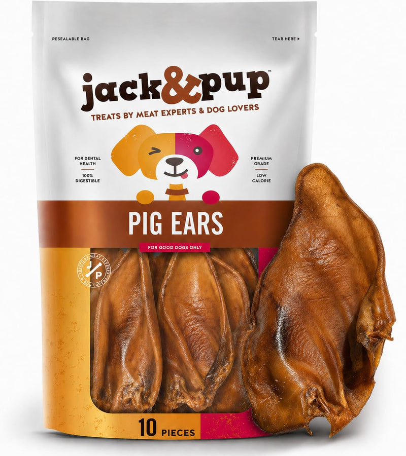 Jack&Pup Pig Ears for Dogs (10 Pack) - All Natural Single Ingredient Extra Thick Large Whole Pigs Ears - Premium Dog Pig Ear Treats - Natural Dog Pork Chews; Excellent Rawhide Alternative