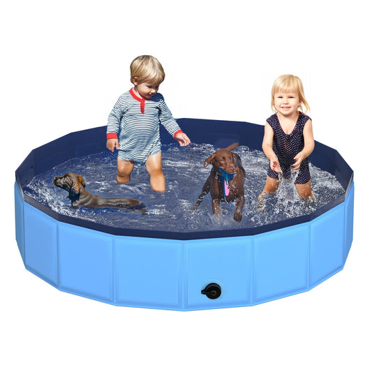 CACSPS 79" x 12" Foldable Dog Pool - Collapsible Hard Plastic Kiddie Pool for Dogs & Kids, Non-Slip Pet Bath Tub for Outdoor Backyard Use, Lightweight & Portable (Blue)