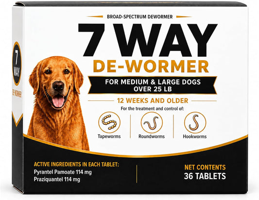 7-Way Dewormer Tablets for Dogs, Praziquantel & Pyrantel Pamoate Formula, Medium & Large Dogs Over 25 lb, 36 Tablets