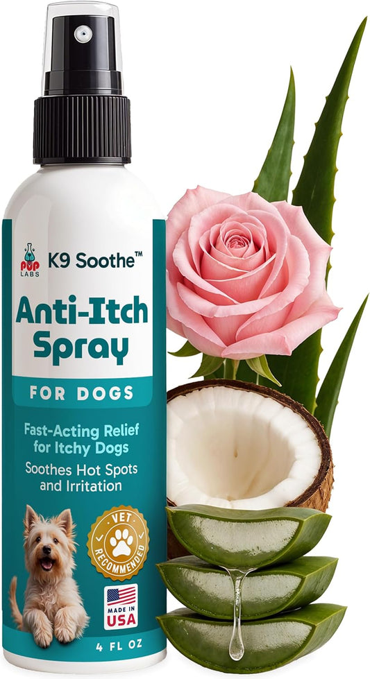 Pup Labs K9 Soothe Anti Itch Spray for Dogs with Aloe, Rose, & Coconut, Natural Hot Spot Treatment for Dogs that Soothes