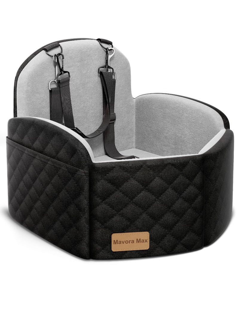 Dog Car Seat for Small/Medium Dogs, Memory Foam Puppy Car Seat Elevated Dog Booster Seat Up to 35 lbs, Fully Detachable Washable, Travel Safety Pet Seat with Storage Pockets (Black/Grey)