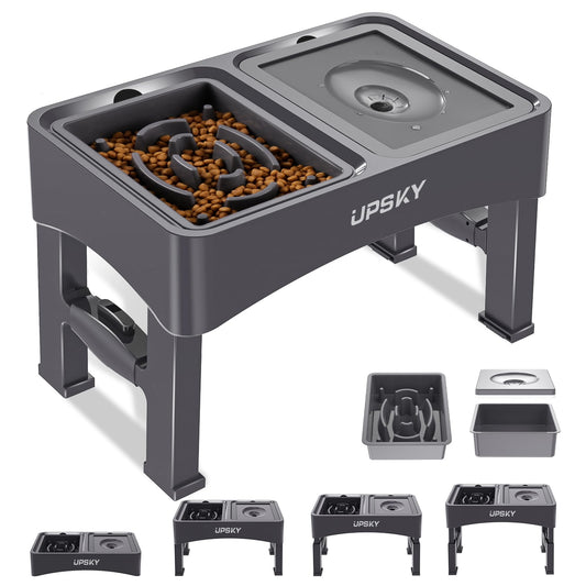 UPSKY 2-in-1 Elevated Dog Bowls Slow Feeder, 4 Height Adjustable Raised Bowl Stand, No Spill Dog Water Bowls, Anti-Slip Food and Water Bowls for Small Medium Dogs(Not Include Stainless Steel Bowl)