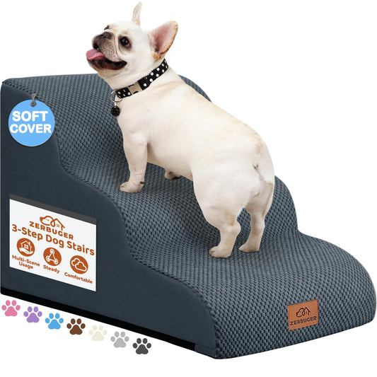 Zerbuger Dog Ramp and Stair for Bed 16" H-20 H,3-Step Cat Stair for Sofa and Chair,4-Step Dog Ramp for High Bed and Window,Durable Nonslip Fabric Cover for Indoor (Dark Grey-16 H, Pet Friendly, 3)
