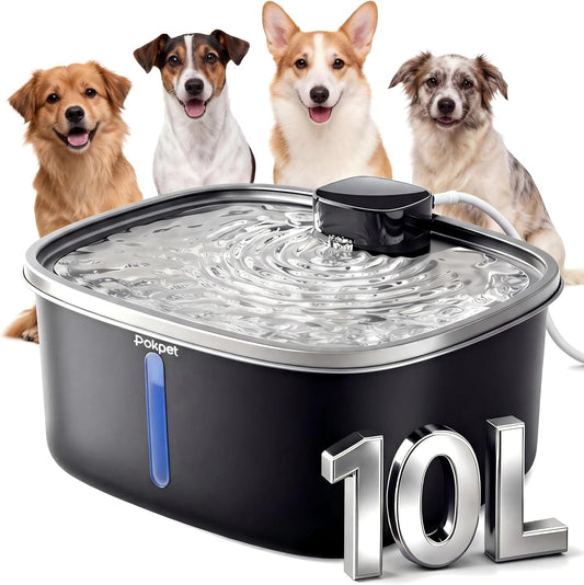 Dog Water Fountain Indoor Homes 10L/2.64GAL Plug in Plastic Reservoir Filtered Multi-Pet Quiet Large Black