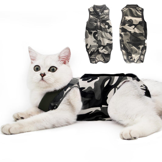 Cat Recovery Suit for Male and Female Surgical Post Surgery Soft Cone Onesie Shirt Clothes Neuter Licking Protective Diapers Outfit Cover Kitten Spay Collar(L, Camouflage)