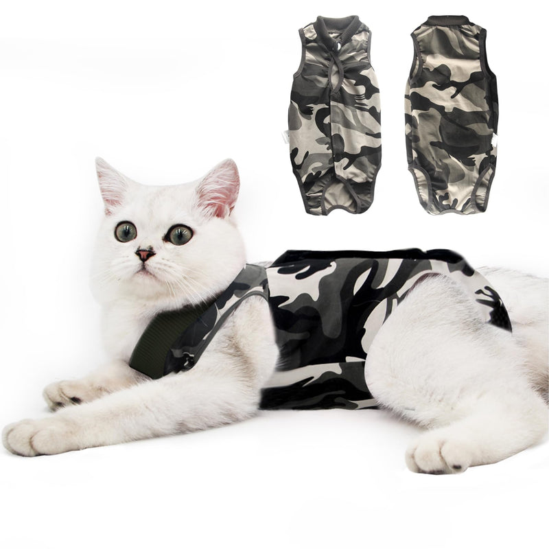 Cat Recovery Suit for Male and Female Surgical Post Surgery Soft Cone Onesie Shirt Clothes Neuter Licking Protective Diapers Outfit Cover Kitten Spay Collar(L, Camouflage)