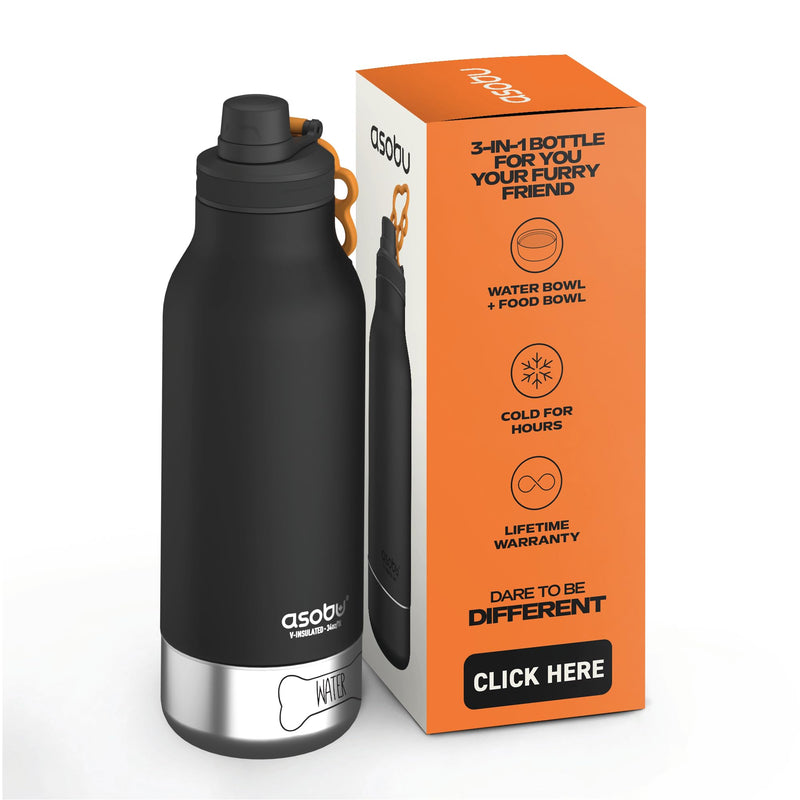 asobu Dog Barky Bottle – Insulated Stainless Steel Water Bottle with 2 Removable Dog Bowls for Food, Treats & Water – Pet-Friendly Travel Bottle for Hiking, Road Trips & Outdoor Adventures