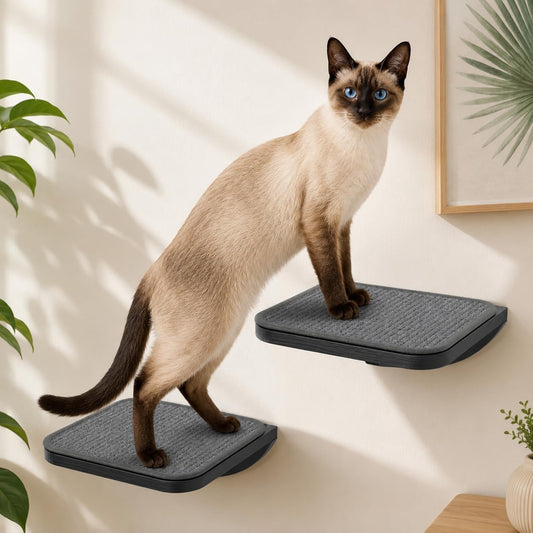 PELUOMOZ Grey Sisal-Padded Cat Wall Steps (2-Pack), Floating Wooden Cat Perch and Climbing Step Set, Wall Mounted Furniture for Jumping & Play