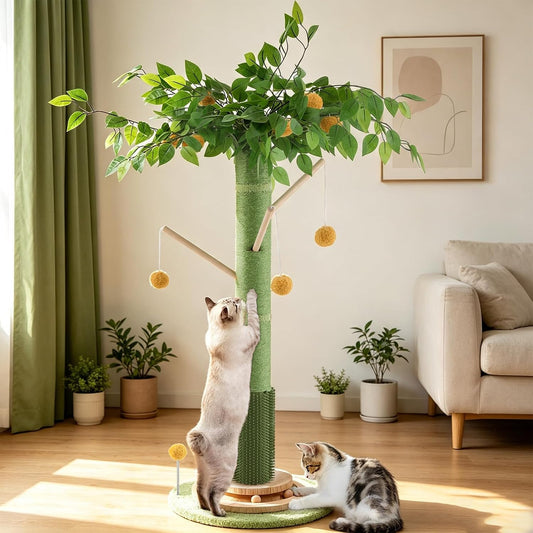 Sheripet Cat Scratching Post, 45 Inch Tall Cat Scratcher Tree for Indoor Cats Adults with Natural Sisal Rope, Large Scratching Posts with Rubber Brush, 3-Layer Solid Wood Base and Balls Track Toy