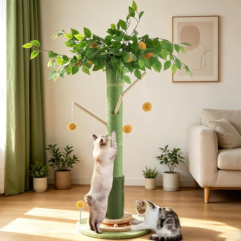 Sheripet Cat Scratching Post, 45 Inch Tall Cat Scratcher Tree for Indoor Cats Adults with Natural Sisal Rope, Large Scratching Posts with Rubber Brush, 3-Layer Solid Wood Base and Balls Track Toy
