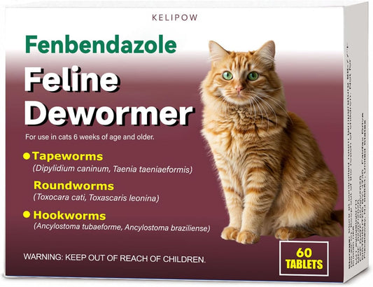 Dewormer for Cats & Kittens, Fenbendazole for Tapeworms, Roundworms & Hookworms - 60 Tablets