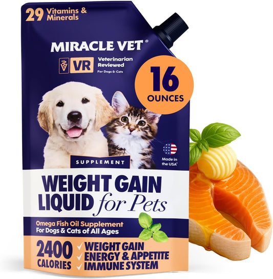 Miracle Vet High-Calorie Weight Gainer for Dogs & Cats - Multivitamin Nutritional Supplement Gel, Omega Fish Oil, Calciu