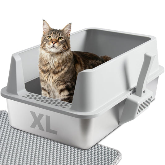Stainless Steel Cat Litter Box with Lid, Large Metal Litter Box Stainless Steel with Mat & Scoop, Odor-Free/Anti-Leakage & Non-Stick/Easy Clean, High-Sided Litter Box for Multiple Big Cats(XL/Grey)