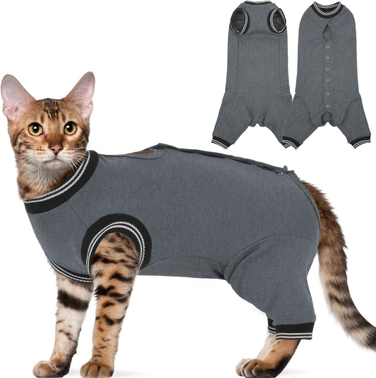 Stress-Free Cat Recovery Suit for Female Cats - Vet-Backed E-Collar Alternative, Anti-Lick & Rear Access Design Gray S