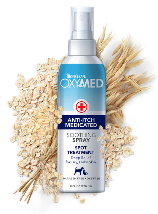 TropiClean OxyMed Hot Spot Treatment for Dogs, Medicated Dog Itching Skin Relief Spray, Anti-Itch Spray Quickly Soothes Skin Irriration, Alleviate Scratching, Chewing & Licking, Safe for Cats, 8oz