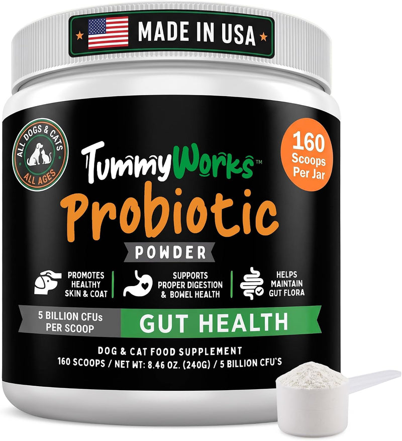 TummyWorks Probiotics for Dogs & Cats with Prebiotics, 160 Scoops. Made USA