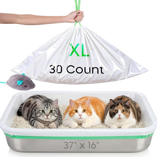 AWoHH Cat Litter Box Liners [30 Count]-Large/Jumbo 37"x16"-Heavy Duty Scratch Resistance Drawstring Litter Bags-Dispenser Box No Tearing Needed-70% Recycled Ocean Plastic