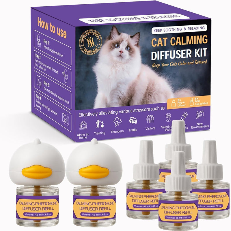 Cat Calming Pheromone Diffuser Kit – 2 Plug-Ins & 4 Refills (48ml), Cat Anxiety & Stress Relief, Multi Cat Calming Diffu