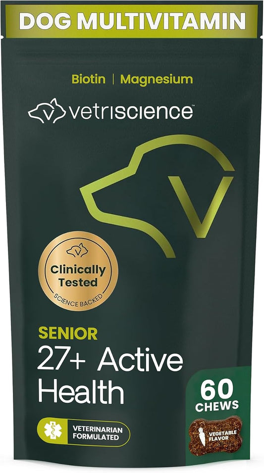 VetriScience Senior 27+ Active Health Chews, Canine Plus Daily Multivitamin for Senior Dogs, Balanced Vitamins, Minerals and Antioxidants, Healthy Aging and Wellness Support, Veggie, 60 Count