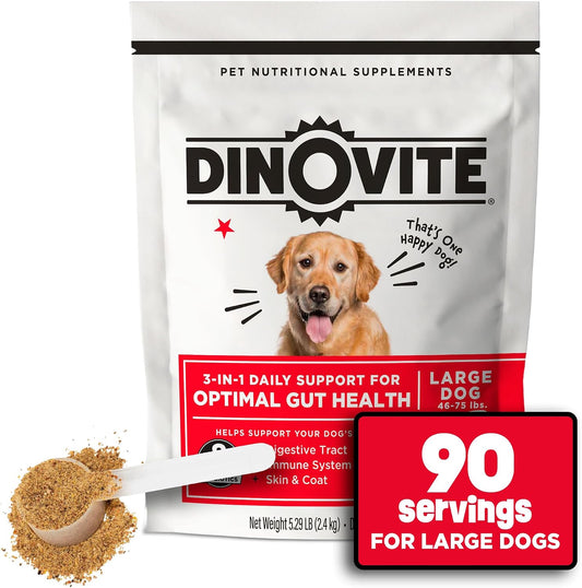 Dinovite Probiotics for Dogs, Probiotic Powder Food Topper for Large Dogs (45+ lb), Daily Digestive Health & Skin Support with Omega-3s, 30 Servings