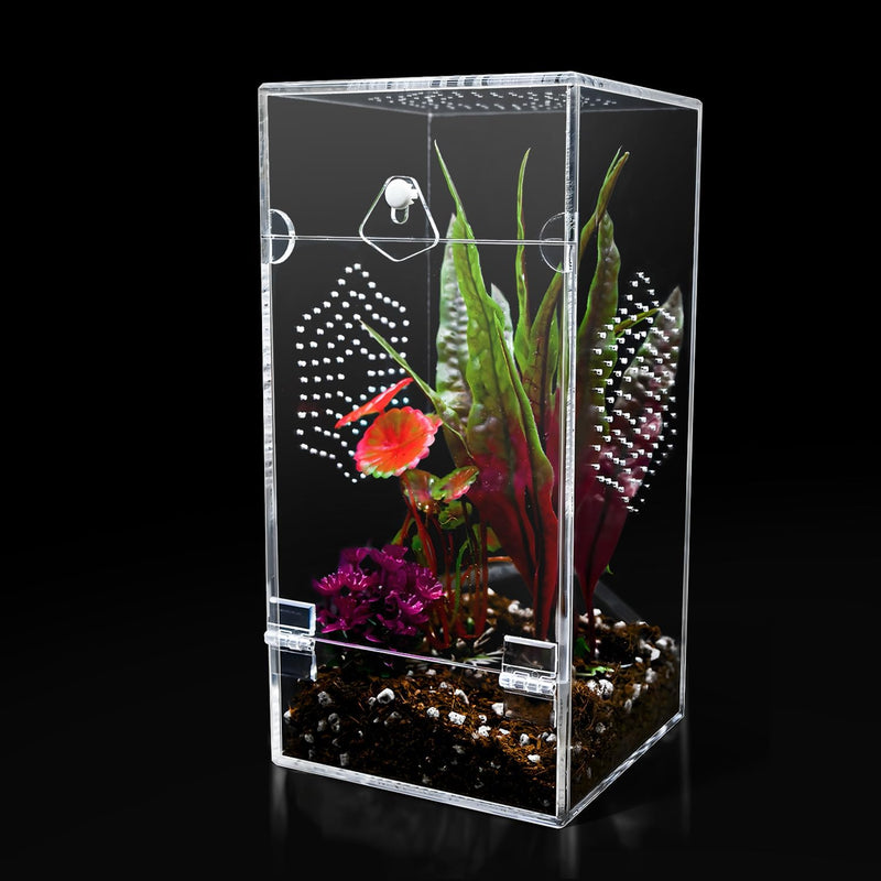 Acrylic Jumping Spider Enclosure, Secure Front Opening Door, 4x4x8 inch, Ventilated Habitat for Tarantulas, Mantis, Herm