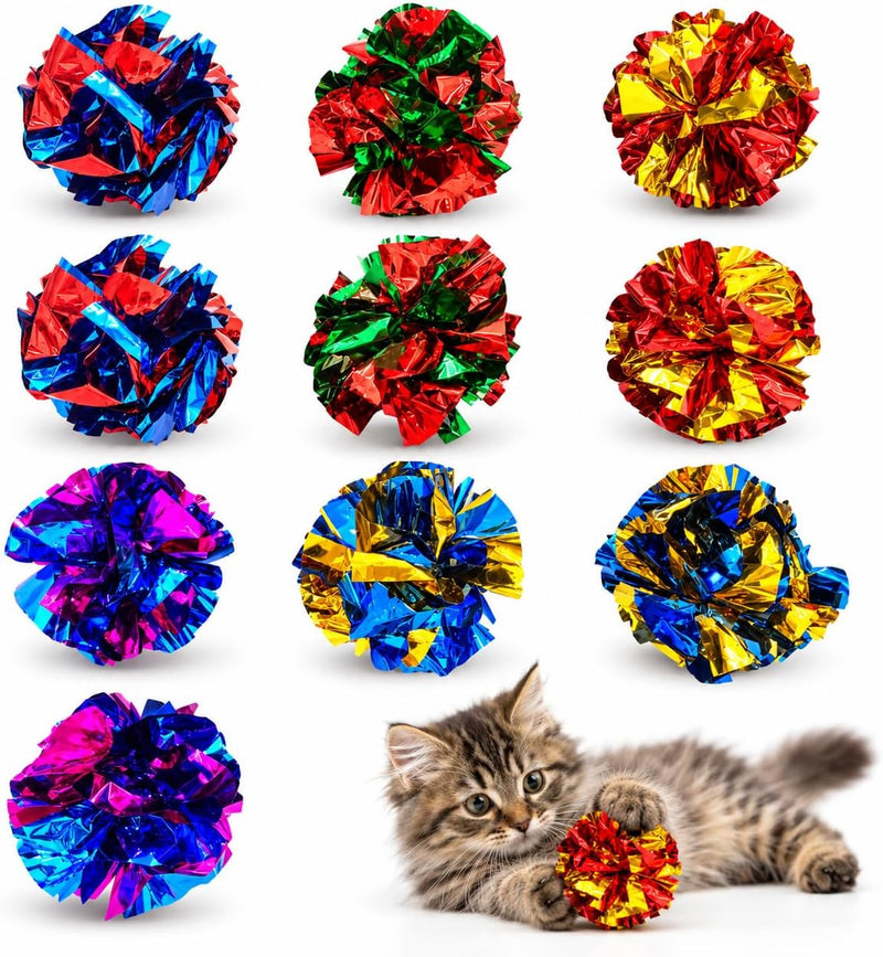 QUVOVID Cat Crinkle Ball Toys 10 Packs for Indoor Cats to Kill Time and Keep Fit, 2.3 Inch Colorful Mylar Crinkle Balls Attract Cats to Swat, Bite, Hunt, Interactive Toys for Cats and Kittens