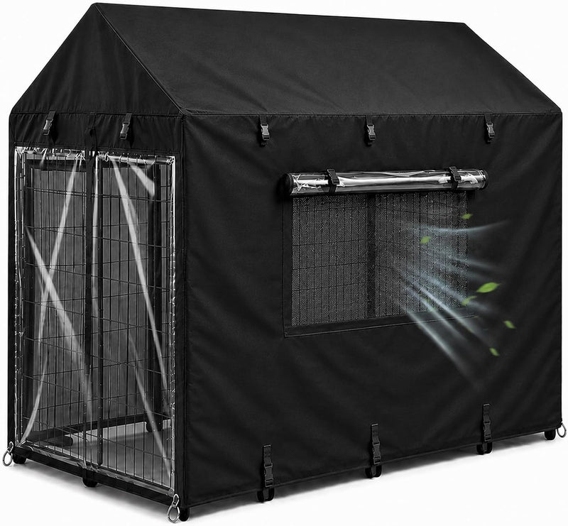 Outdoor Dog Kennel Cover 8 x 4 x 6 ft, 600D Heavy-Duty Waterproof, Full Coverage Outdoor Weather Protection with Mesh Ve