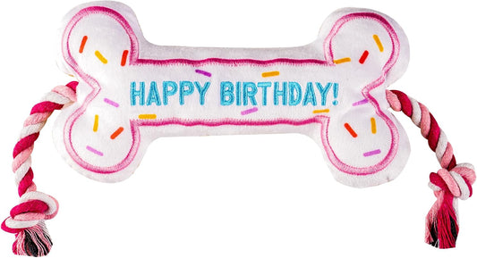 PAWTY Birthday Bone Dog Toy - Funny Interactive Tug Rope Squeaky Dog Birthday Gift - Plush Pink Bone Toy for Small Mediu