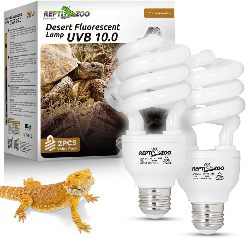 REPTI ZOO UVB Light for Desert Reptile 2 Pack, 10.0 26W UVA UVB Reptile Light Bulb, UVB Spiral Compact Lamp for Bearded 