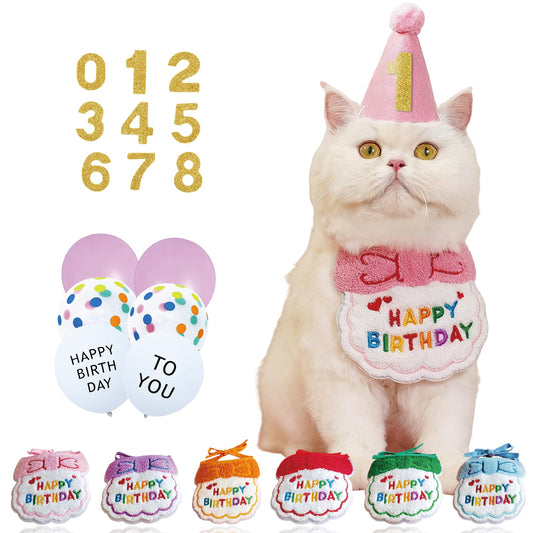 PAONEX Reusable Cat Birthday Decorations Set - Adjustable Cat Birthday Hat & Bandana with Age Numbers | Kitty Celebration Kit for Memorable Milestones（Pink）