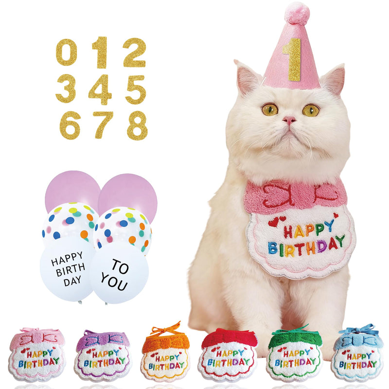 PAONEX Reusable Cat Birthday Decorations Set - Adjustable Cat Birthday Hat & Bandana with Age Numbers | Kitty Celebration Kit for Memorable Milestones（Pink）