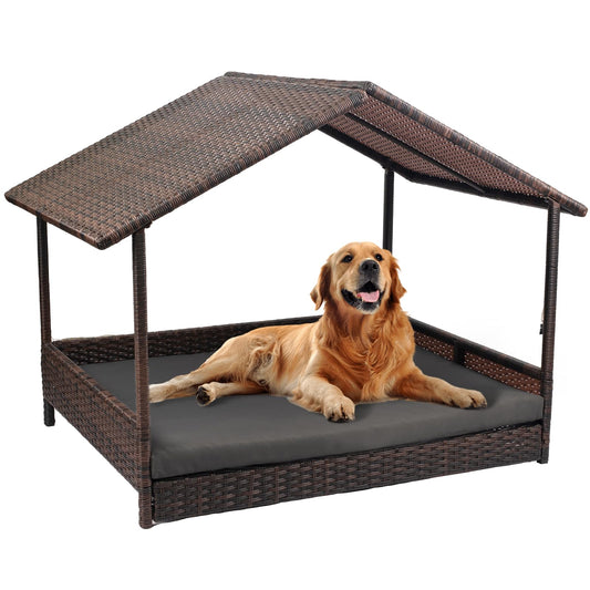 Heeyoo Wicker Dog House, Elevated Rattan Dog Bed with Canopy, Large Dog House Outdoor with Water Resistant Cushion, Outside Rattan Dog House for Dogs with Protective Cover, Brown
