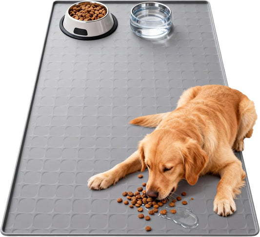 Dog Food Mat for Floors Waterproof, Extra Large 34x22 Inch Machine Washable Silicone Pet Feeding Mat - Non-Slip Dog Bowl Mat Protects Floor from Mess & Spills