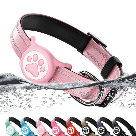 Airtag Dog Collar, Reflective Ultra-Durable Nylon Padded with QR Code Buckle & IP68 Waterproof Air Tag Holder Compatible for Apple AirTag, Comfortable for Small Medium Large Dogs(Pink,S)