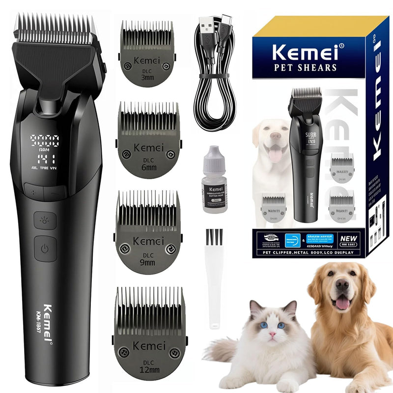 KEMEI-1857 Dog Grooming Clippers & Cat Grooming Kit, Professional Cordless Trimmer with LED Display, 4 Adjustable Guide Combs (3/6/9/12mm), USB Rechargeable, Low Noise for Home Pet Grooming