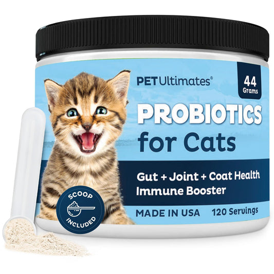 Pet Ultimates Probiotics for Cats (44g/120 Servings) – 20-Species Cat Probiotic Powder – Daily Digestive & Gut Health Support with Digestive Enzymes – Tasteless Supplements for Cats