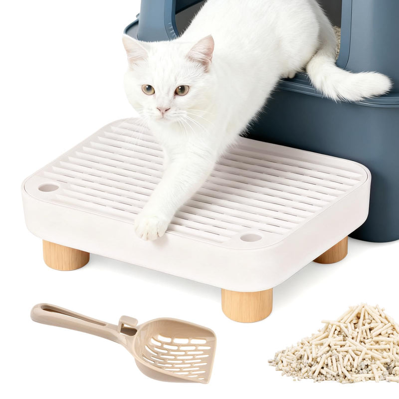 Litter Box Step with Litter Shovel, Box Ramp/Catcher with Wooden Base, Easy Cleaning with Filter Function Ideal for Cats Pedal Stool Kitten & Elderly Cats (White)