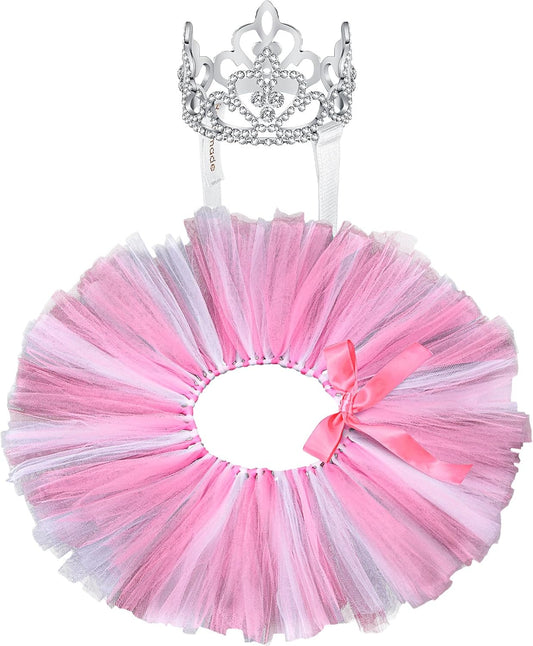 2 Pcs Dog Crown Headband Dog Tutu Dress Set Crystal Rhinestone Tiara Crown Tutu Skirt Pet Dress Costume for Puppy Birthd