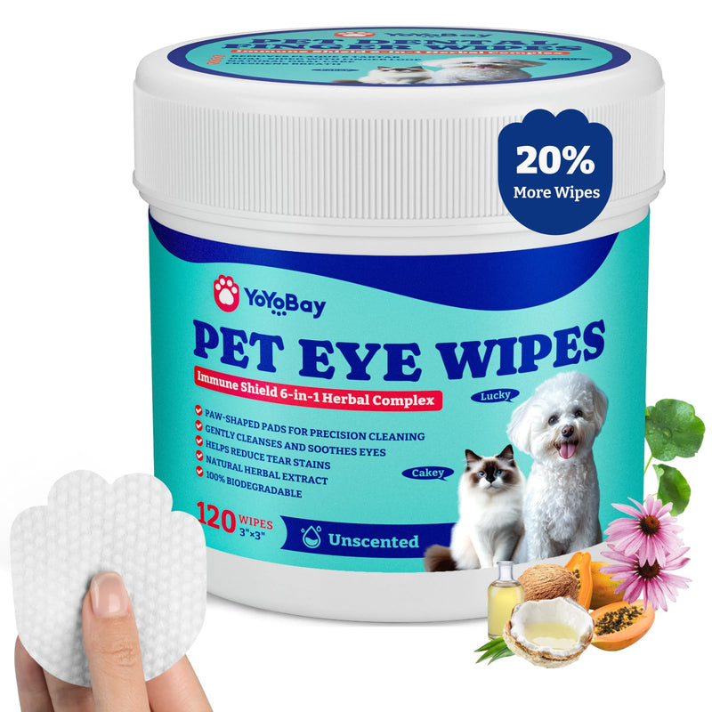 YoYoBay Dog Eye Wipes for Tear Stain Remover – 120 Pet Eye Wipes with Herbal Complex, Dual-Texture Pads for Dogs & Cats, Clean Discharge & Crust, Soothe Eyes, Biodegradable, Vet-Approved