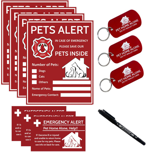 Pet Alert Sticker - Pet Inside Sticker,Safety Alert for Pets Inside,Save My pet in Case of Emergency,Rescue Pets Decal for House Window Door -4 Pack with Wallet Card & Key Tag