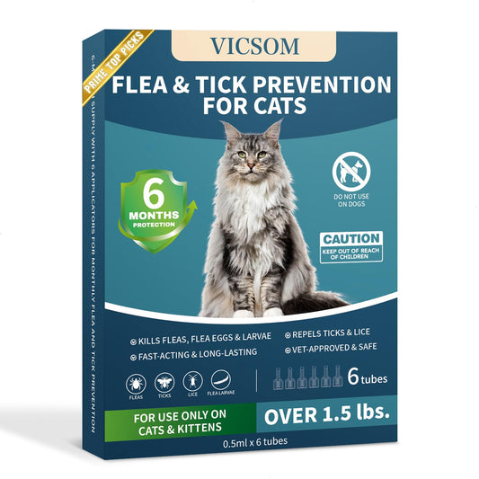 VICSOM Flea Treatment for Cat Flea and Tick Prevention for Cats Kitten, 6-Month Supply, Cat Flea Treatment & Control, Repellent, Fast Acting Topical Drops for Cats, Over 1.5 lbs, 24-Hour Protect