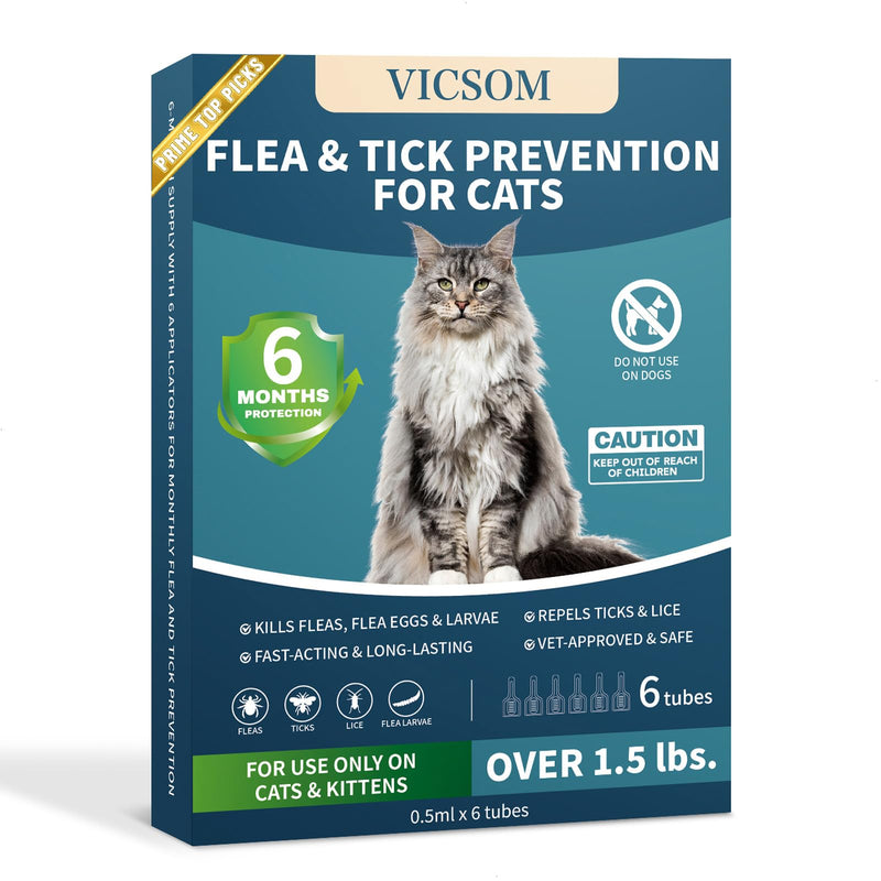 VICSOM Flea Treatment for Cat Flea and Tick Prevention for Cats Kitten, 6-Month Supply, Cat Flea Treatment & Control, Repellent, Fast Acting Topical Drops for Cats, Over 1.5 lbs, 24-Hour Protect